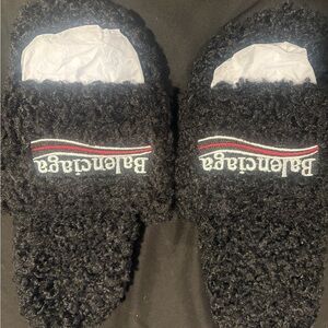 Balenciaga Black Fleece Slippers with Embroidered Logo